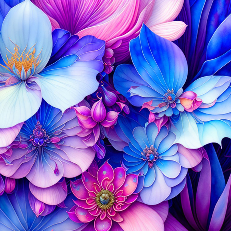 Colorful Stylized Flower Illustration in Blues and Purples