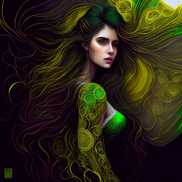 Intricate woman with flowing hair and abstract patterns in vivid green hues