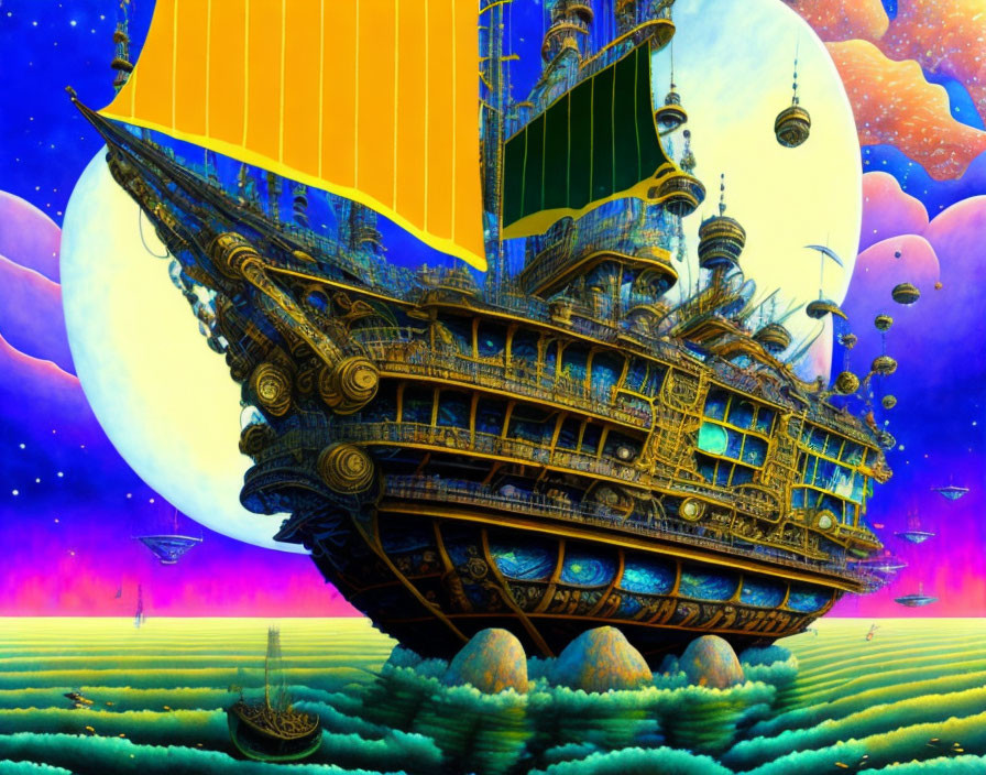 Large ornate ship flying above colorful alien landscape with moons & smaller vessels