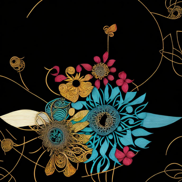 Vibrant Floral Design with Gold Outlines on Black Background