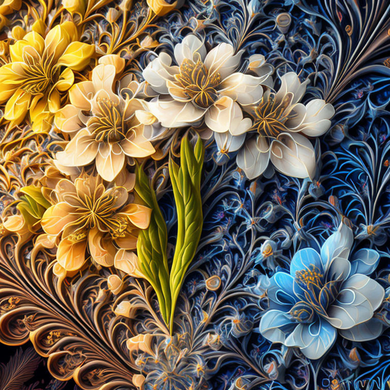 Colorful digital art: Yellow and white stylized flowers with intricate swirling patterns.