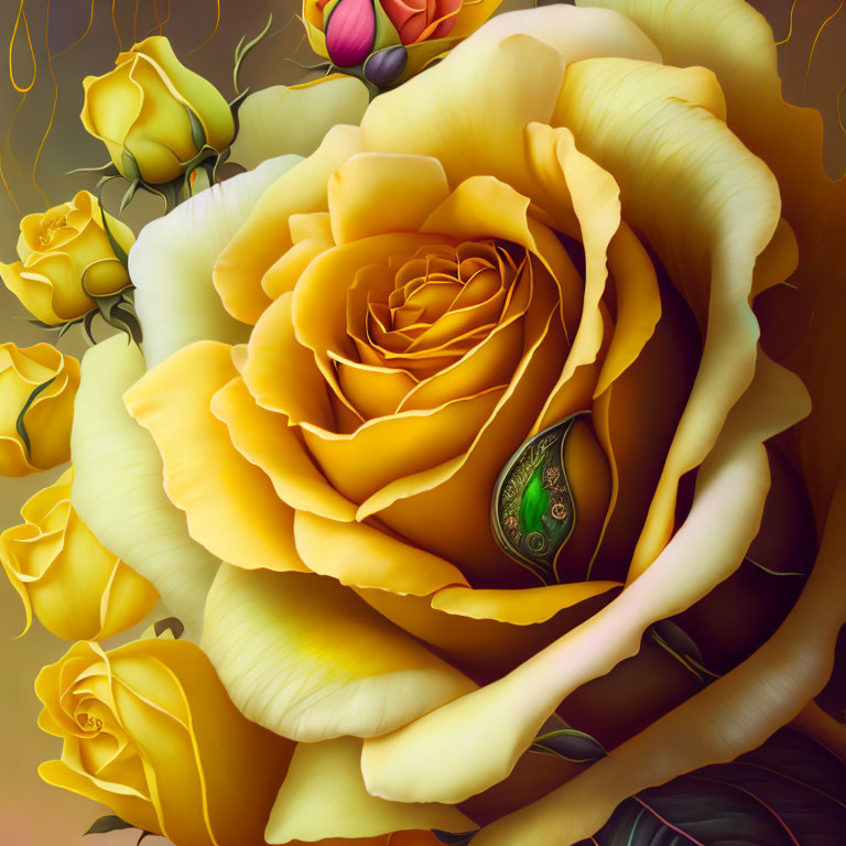 Detailed digital artwork: Large yellow rose, layered petals, smaller roses, ladybug on leaf