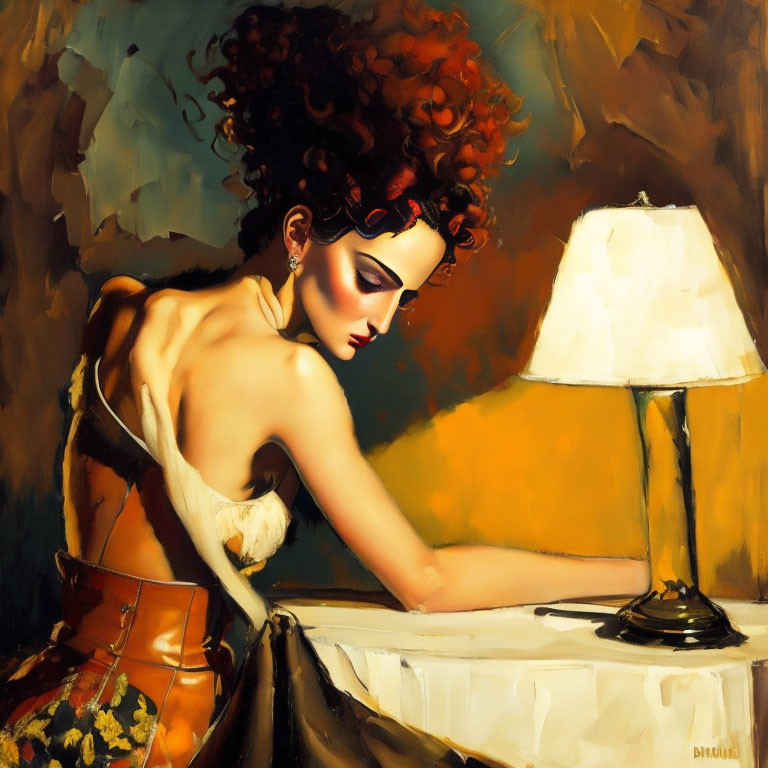 Woman with Voluminous Curly Hair in Off-Shoulder Top Sitting by Lit Lamp