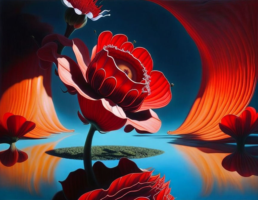 Surreal Artwork: Oversized Red Flowers on Reflective Blue Background