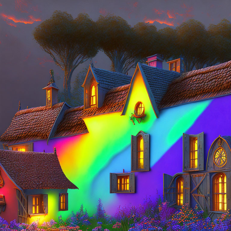 Colorful houses with rainbow against twilight sky & lush vegetation