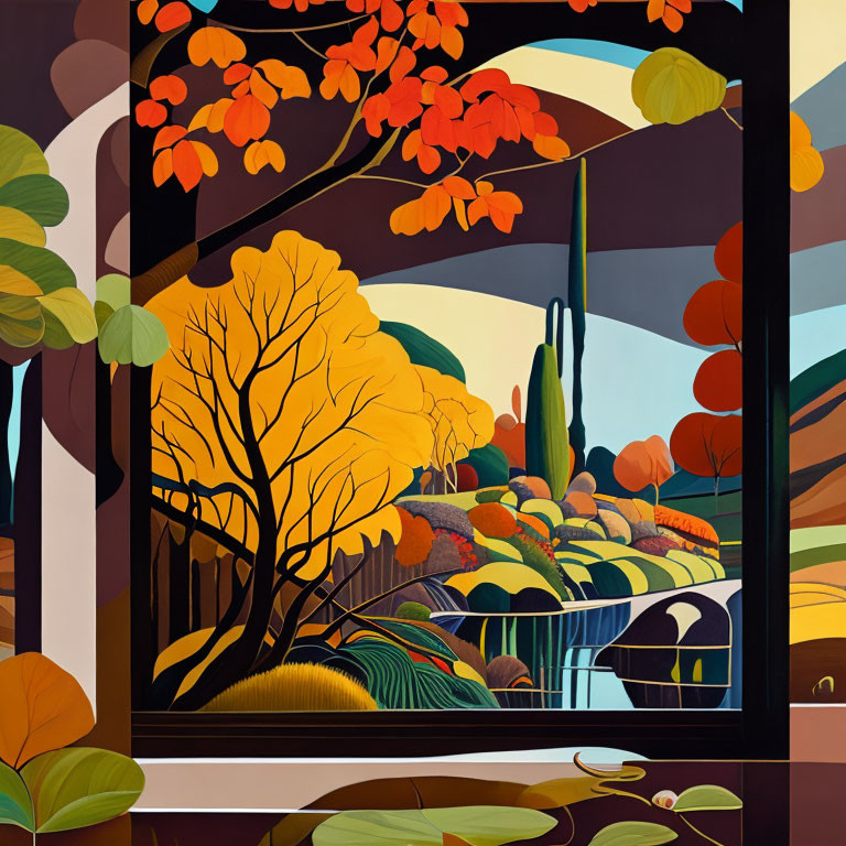 Vibrant landscape painting with autumn trees, hills, bridge, and river