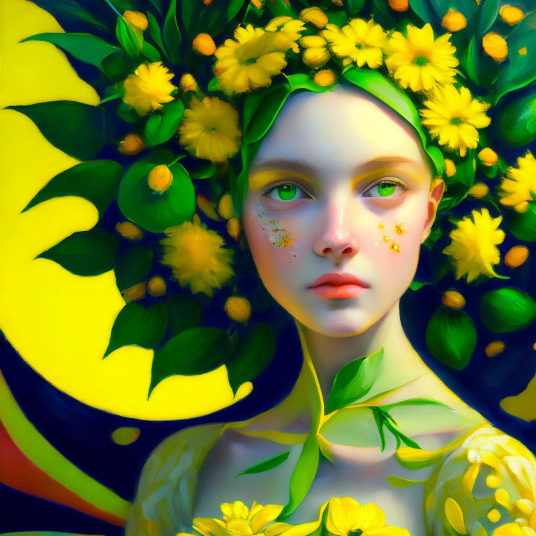 Digital portrait featuring person with floral headpiece and yellow flowers on skin against vibrant yellow and black backdrop