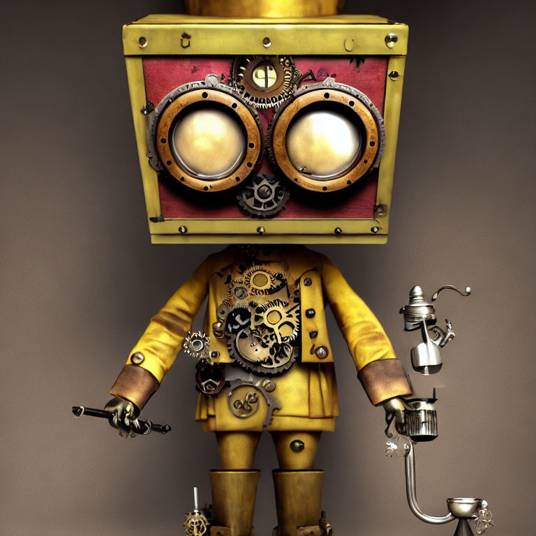 Steampunk robot in yellow jacket holding teapot