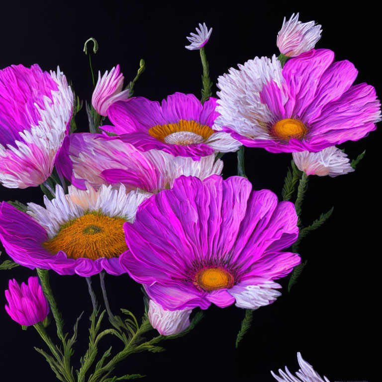 Colorful Pink and White Flowers with Yellow Centers on Dark Background