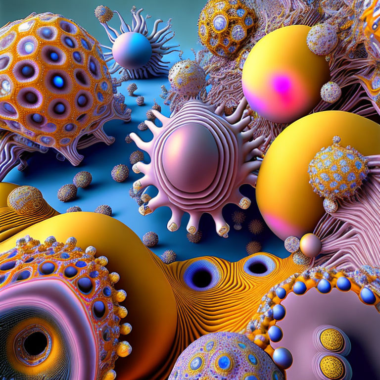 Colorful surreal composition of intricate 3D fractal virus-like forms