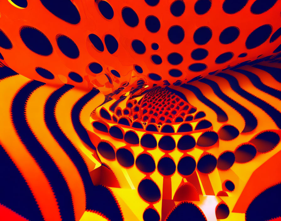 Vibrant red-orange abstract art with wave patterns and circular holes.