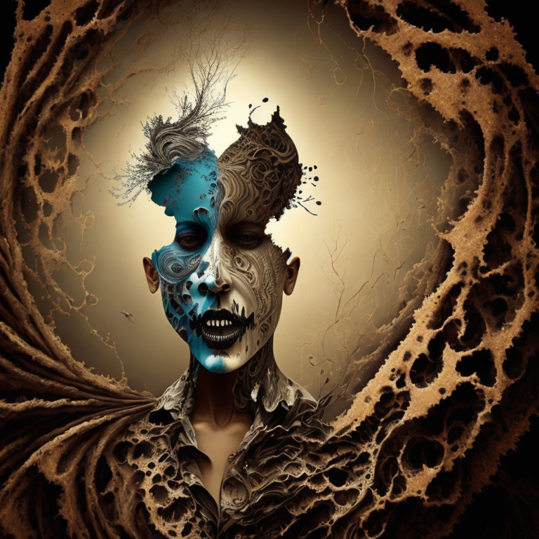 Surreal portrait of person with split face and abstract designs