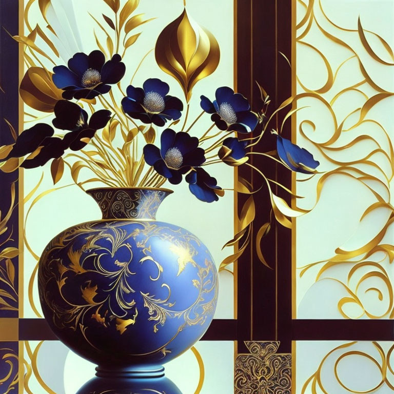 Blue and gold vase with stylized flora on art deco backdrop