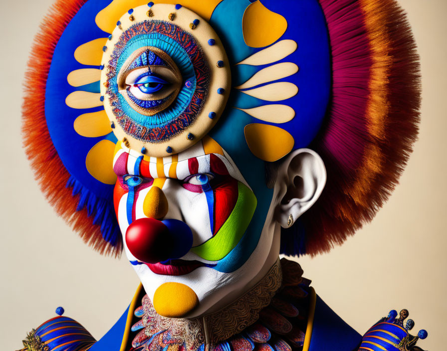 Colorful clown with intricate face paint and eye design headdress