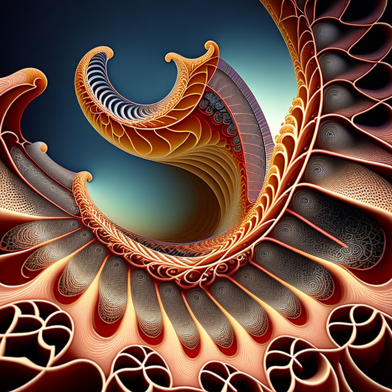 Intricate Spiraling Fractal Image in Gold and Orange Hues