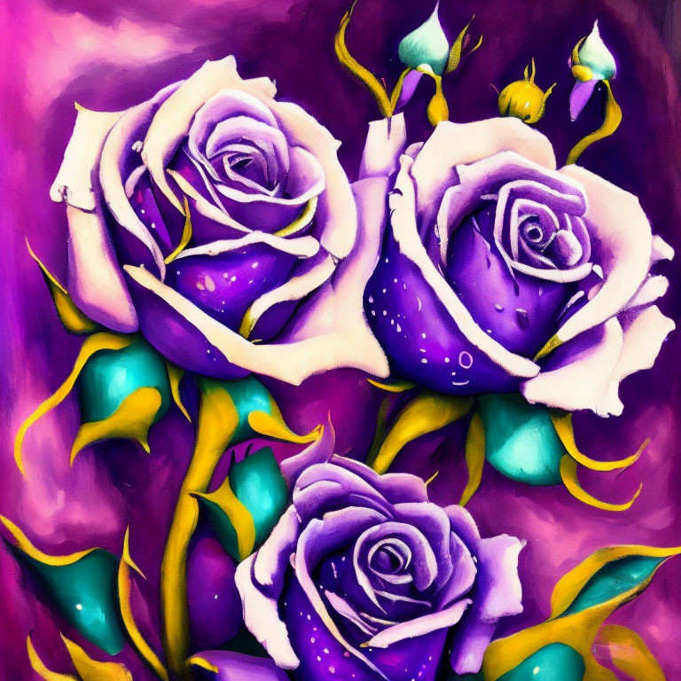 Colorful painting of purple roses with white speckles on magenta background