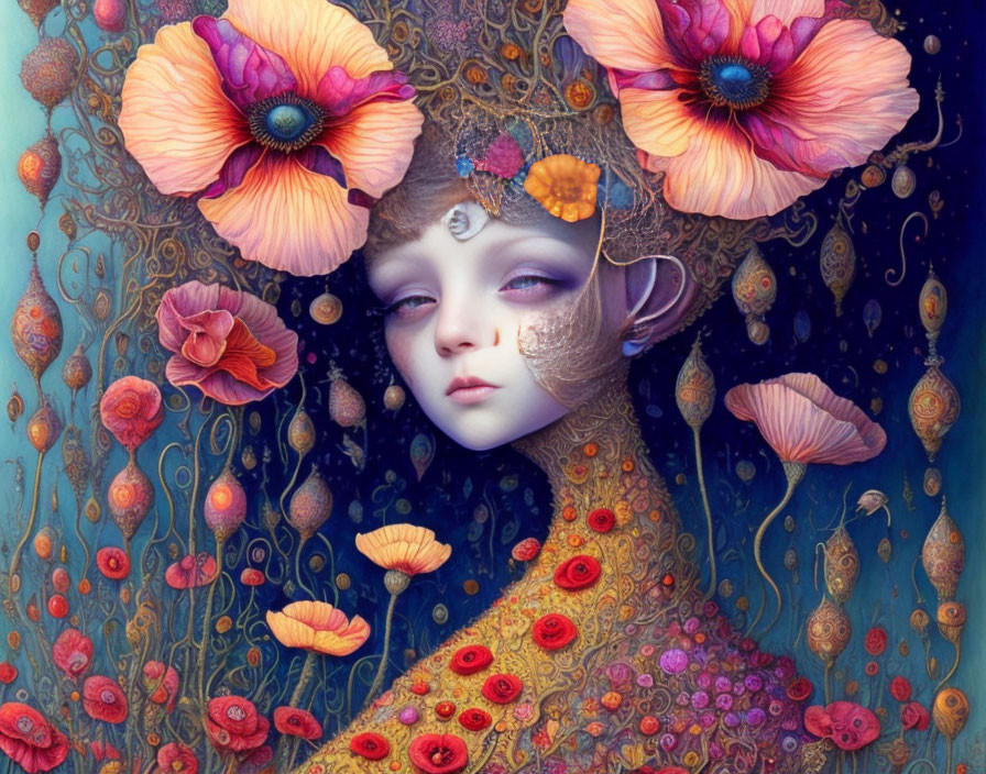 Surreal portrait of female figure with elfin features and pink flowers