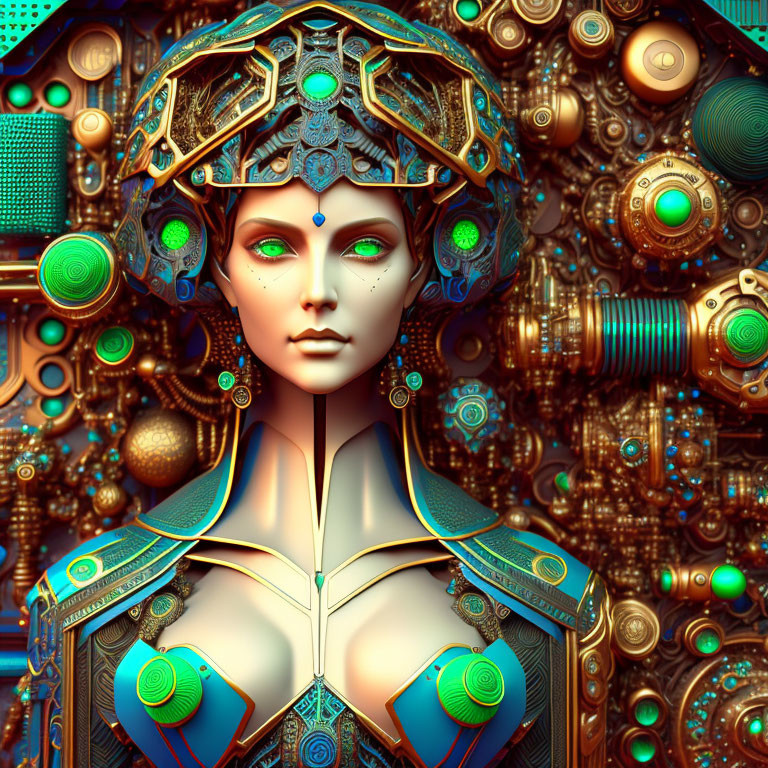 Futuristic digital artwork of woman with golden headpiece