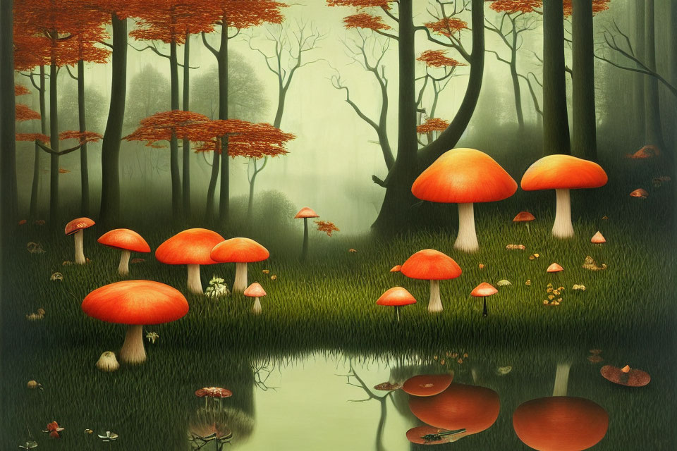 Enchanted forest scene with oversized red mushrooms and autumn trees by reflective waterbody