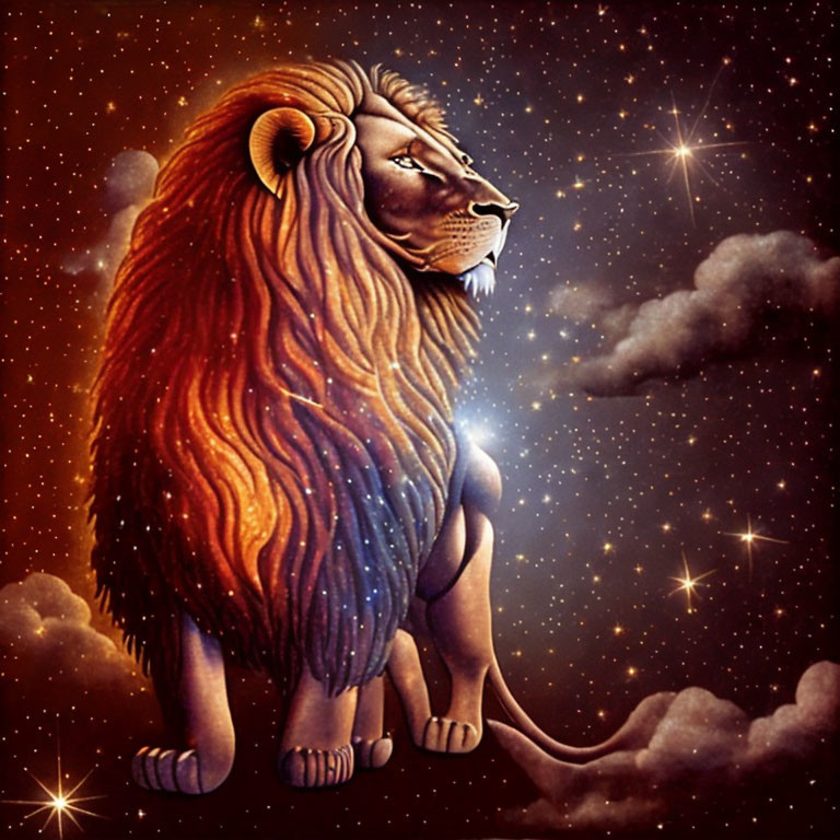 Majestic lion with flowing mane in cosmic backdrop