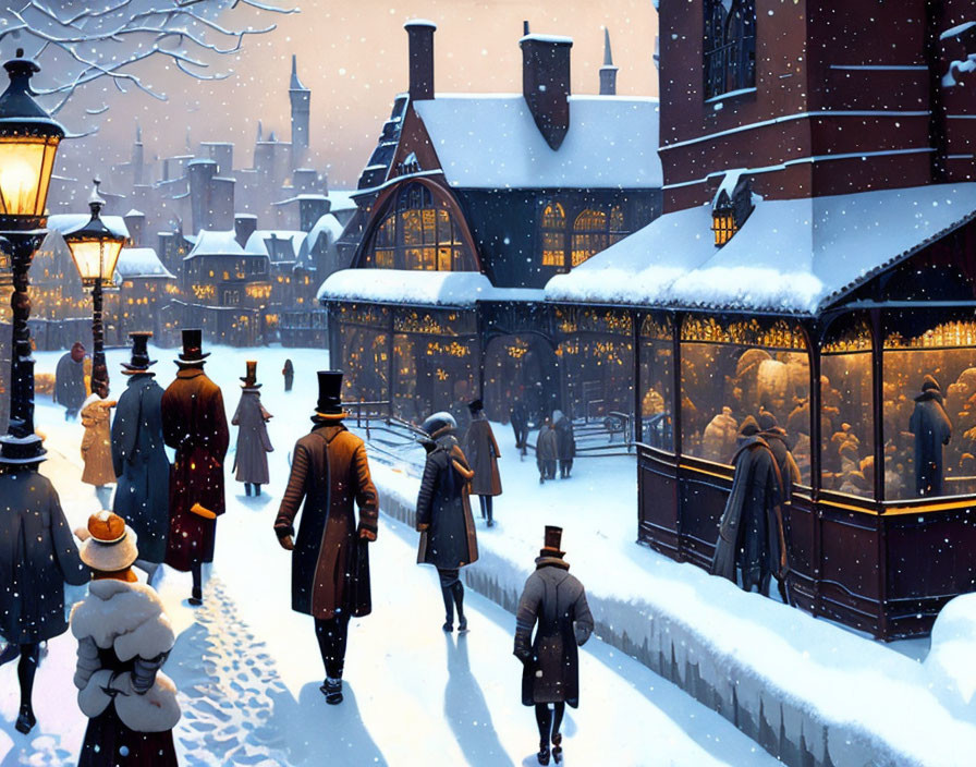 Victorian-era people walking in snowy dusk scene