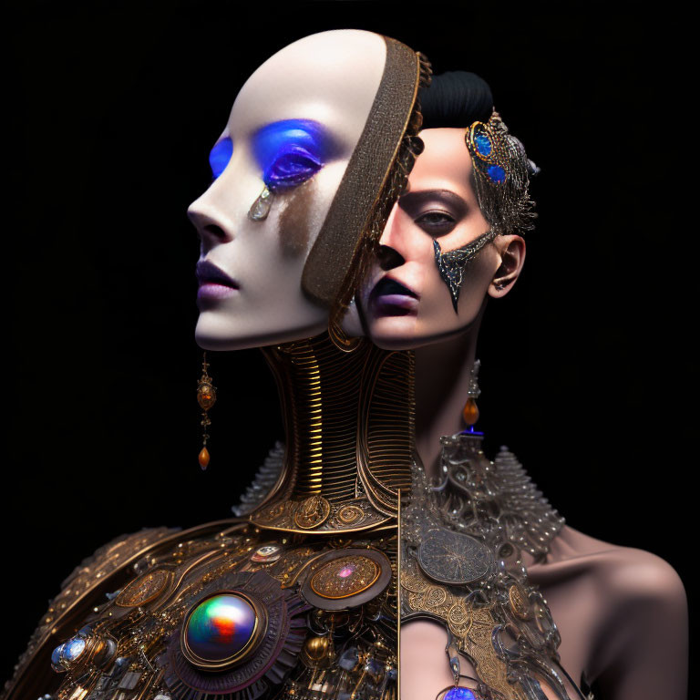 Futuristic artistic figures with mechanical and human-like features on black background