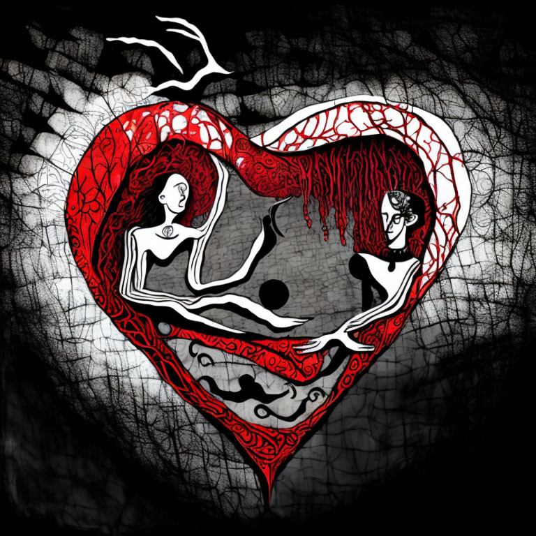 Abstract art: Two profiles in red heart shape with patterns, white bird on black background