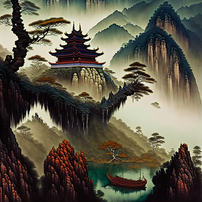 Traditional Chinese painting: Pagoda on bridge, misty mountains, pine trees, lake & boats