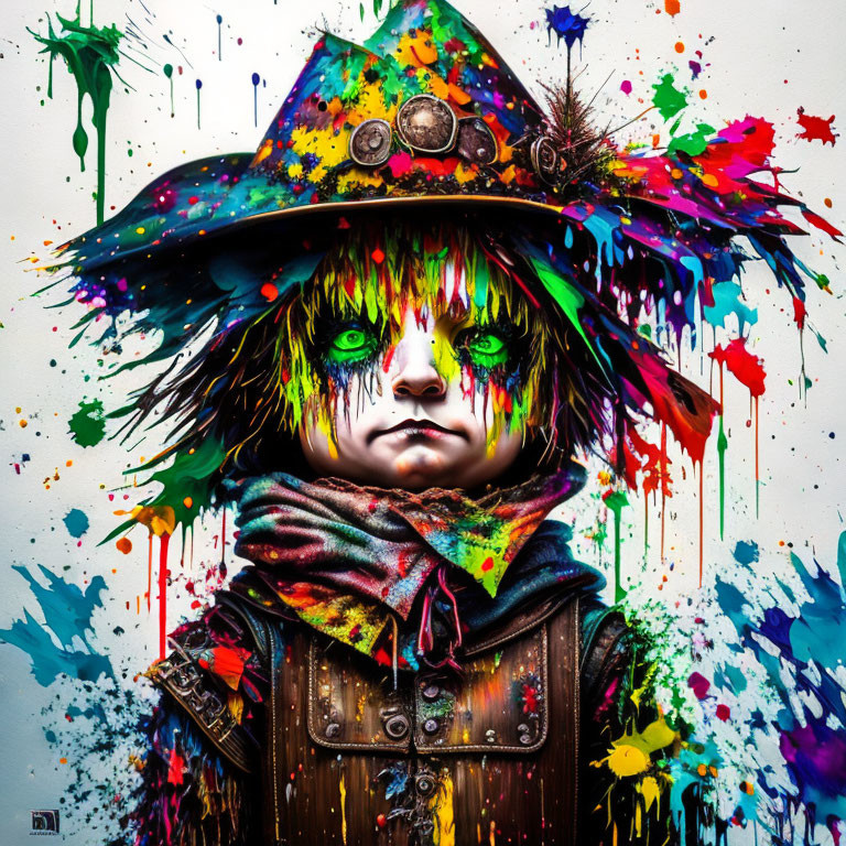 Colorful Artwork: Child with Green Eyes in Hat & Coat with Paint Splatters