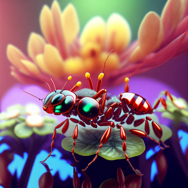 Colorful stylized ant on flower stamens against vibrant background