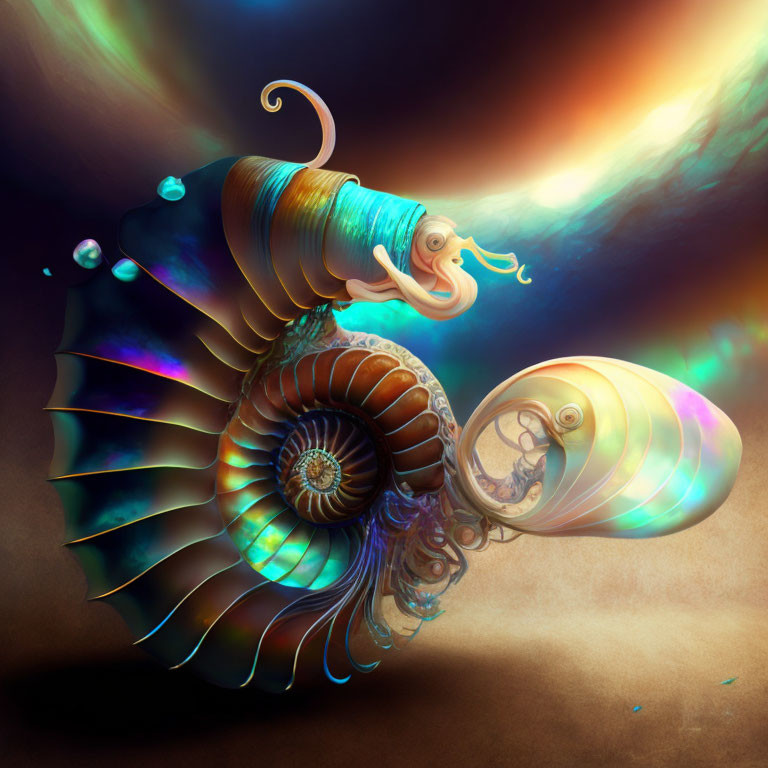 Colorful whimsical snail with intricate shell on cosmic backdrop