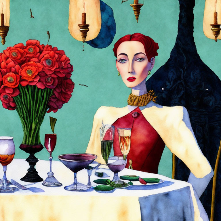 Illustrated woman with red lips at elegant table with flowers and glasses on turquoise background