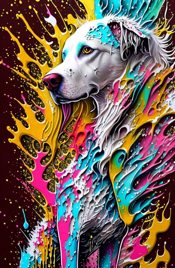 Vibrant neon paint splashes behind colorful digital dog art