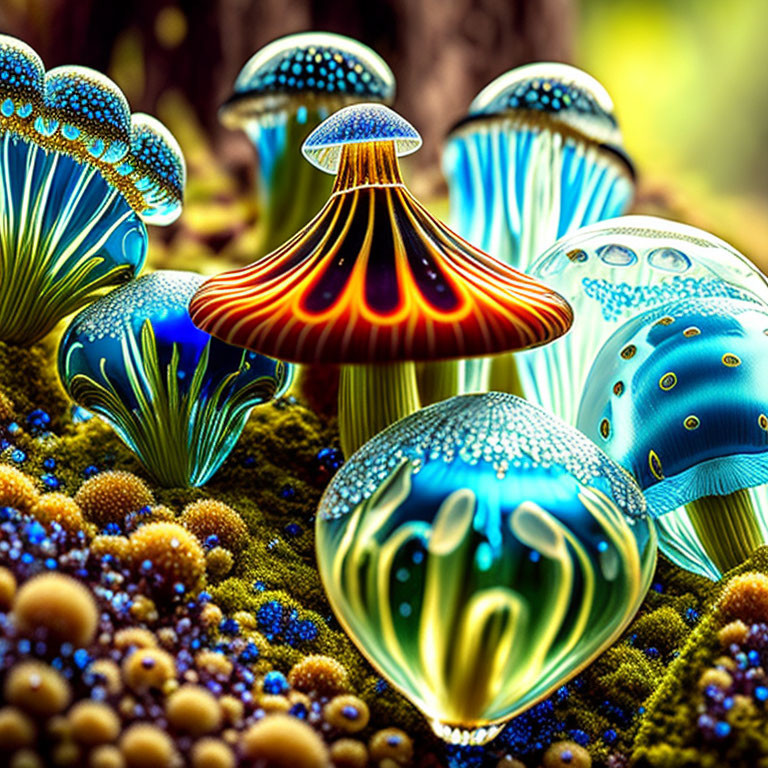 Colorful digital artwork: stylized mushrooms, luminescent caps, orbs in textured landscape