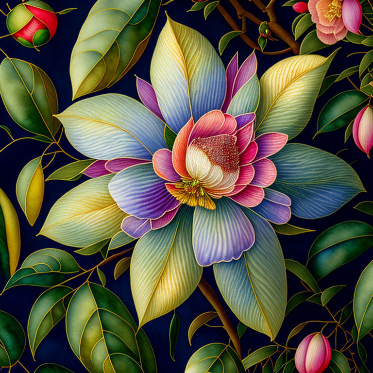 Vibrant Lotus Flower Illustration with White, Pink, and Purple Petals