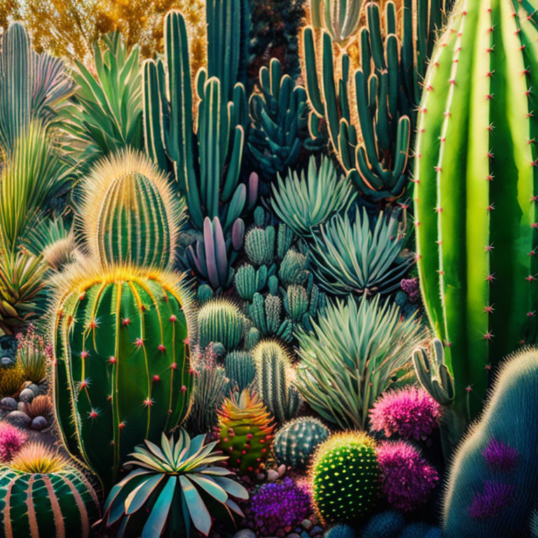 Assorted cacti and succulents in warm sunlight