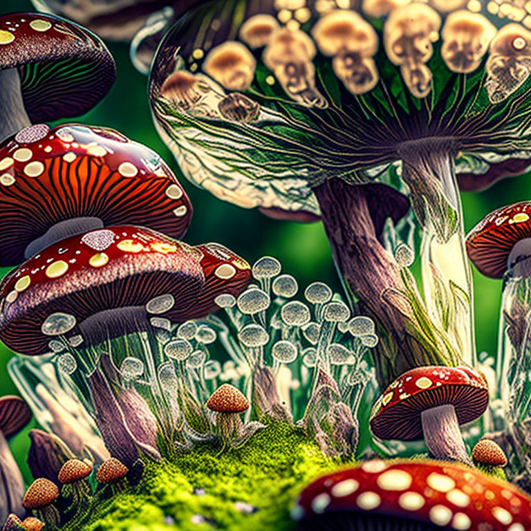 Colorful Mushrooms on Green Moss with Intricate Patterns