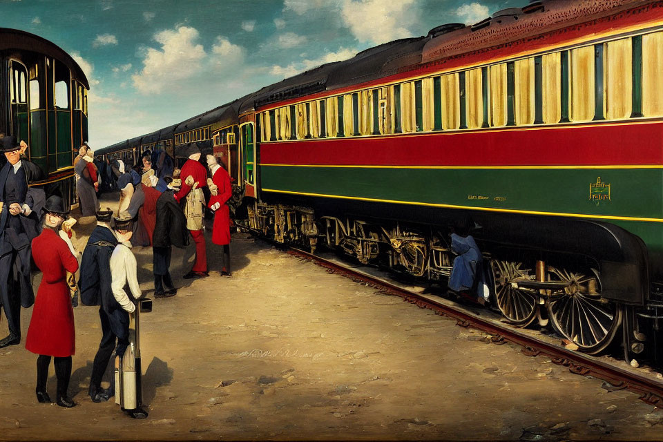 Passengers in vintage attire boarding green and red train at station