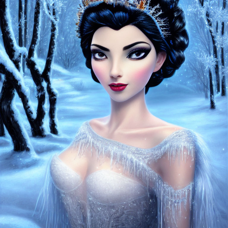 Dark-haired female character in frosty blue gown in snow-covered wintry forest