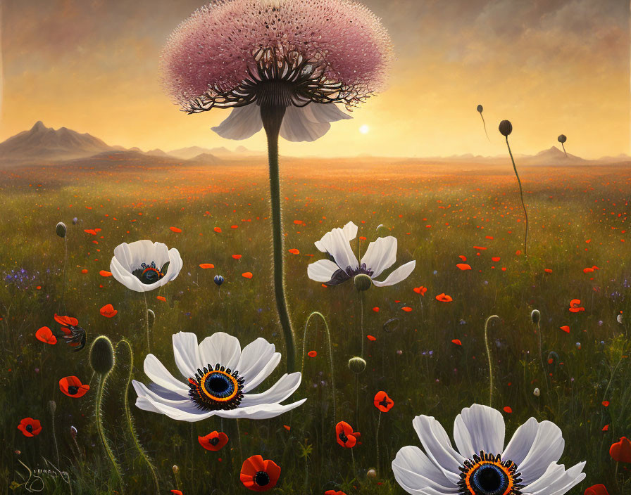 Fantastical landscape with giant dandelion and eye-like flowers in red poppy field at sunset