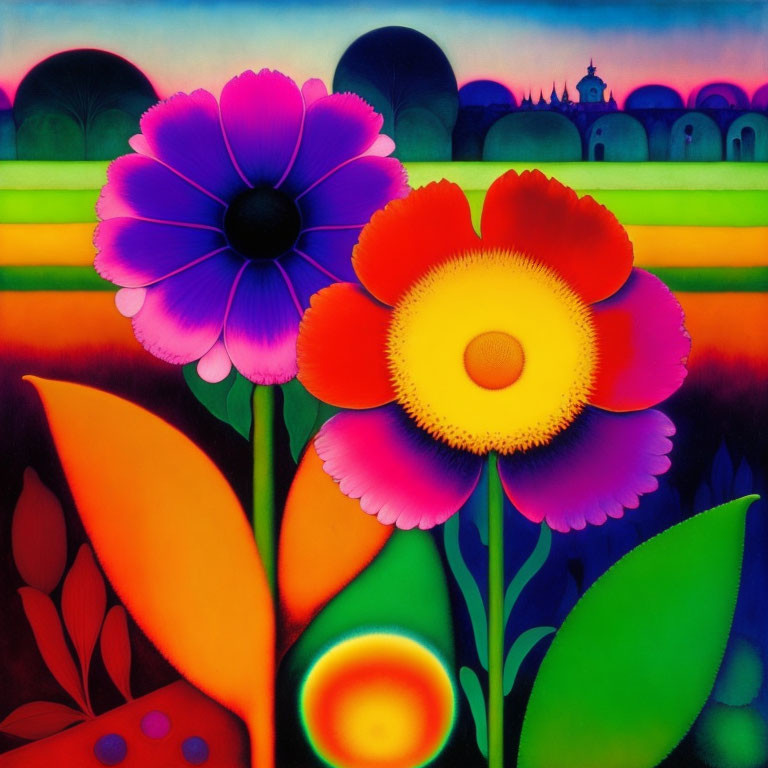 Vibrant Flower Painting with Striped Background