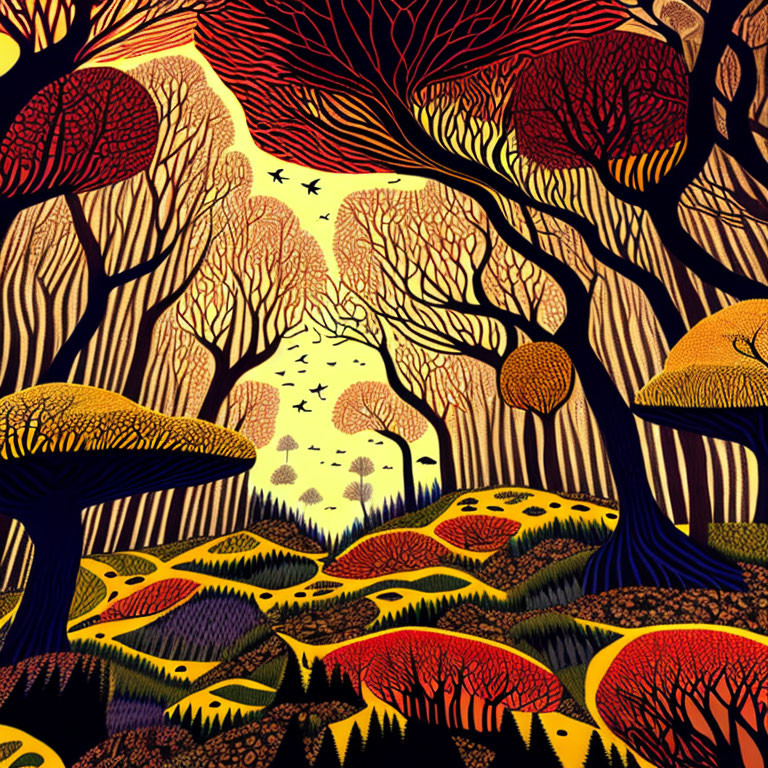 Colorful stylized forest with autumn trees, bird motifs, and starlit sky.