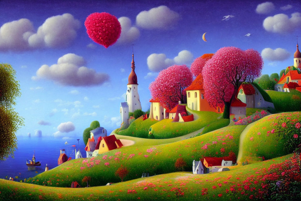 Vibrant landscape painting of whimsical village with heart-shaped trees, moon, hills, and boats