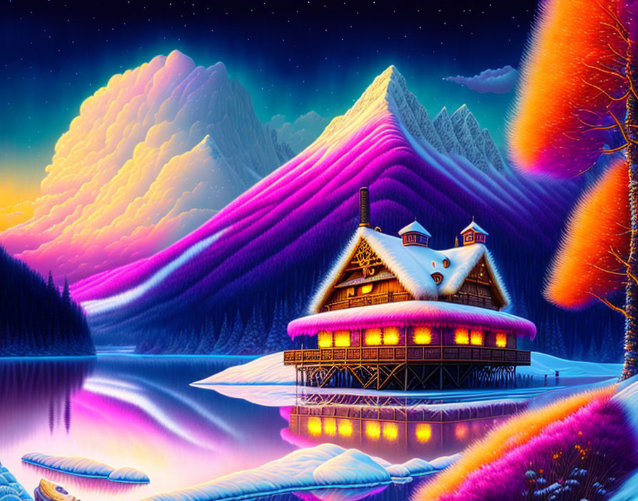 Digital artwork of cozy chalet by serene lake & purple mountains