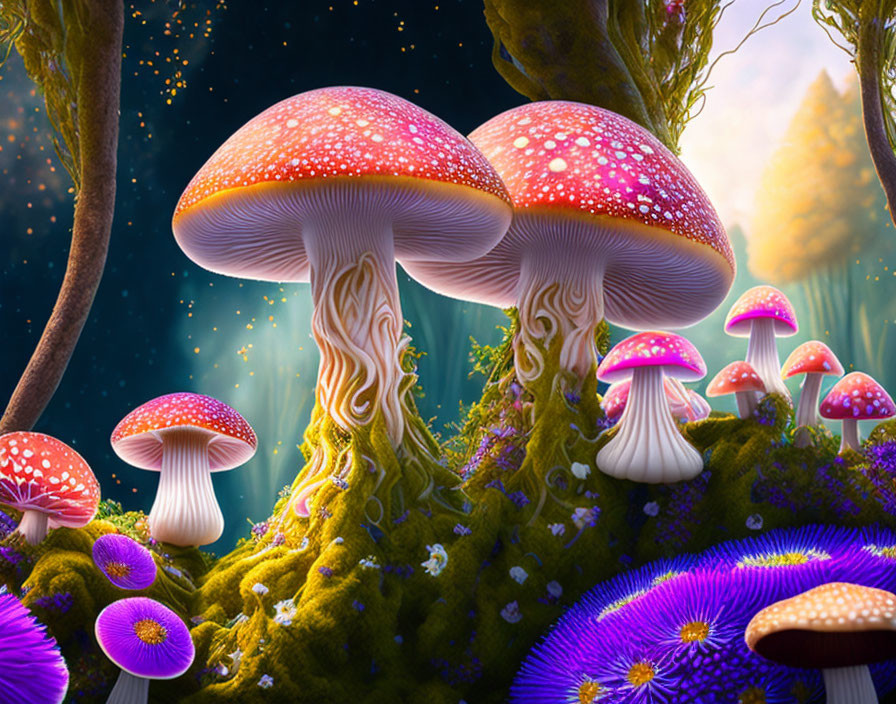 Colorful digital artwork of mystical forest scene with oversized mushrooms and illuminated spores.