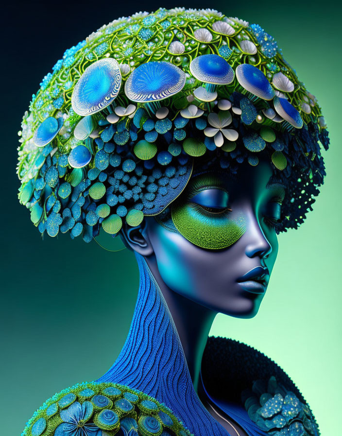 Digital artwork: Woman with vibrant blue skin & intricate botanical headdress