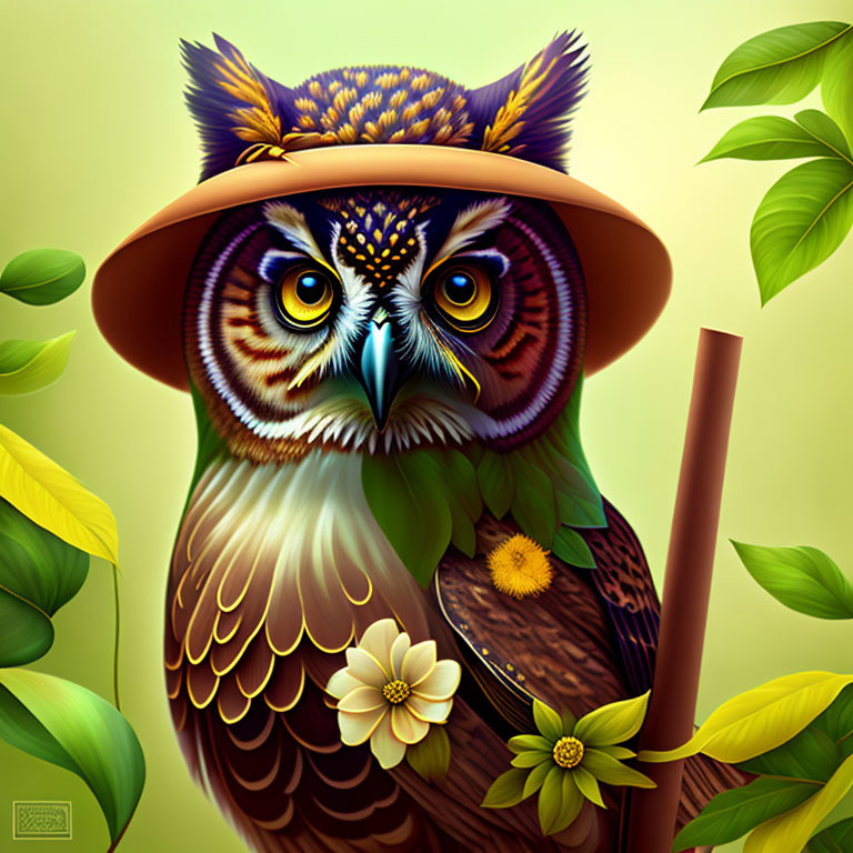 Colorful Owl Illustration with Hat Perched on Branch