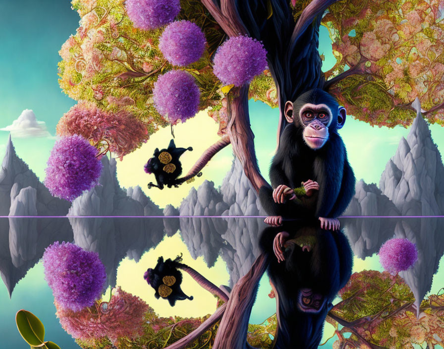 Illustration of a monkey on branch with purple flowers in mythical landscape