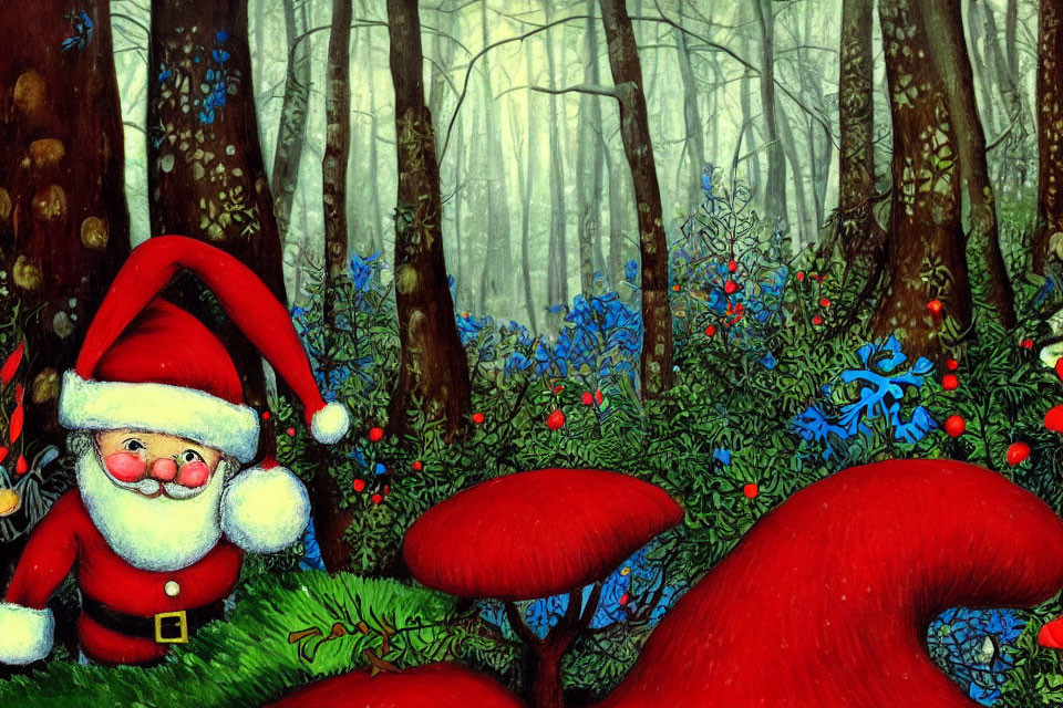 Vibrant forest illustration with Santa Claus and red mushrooms