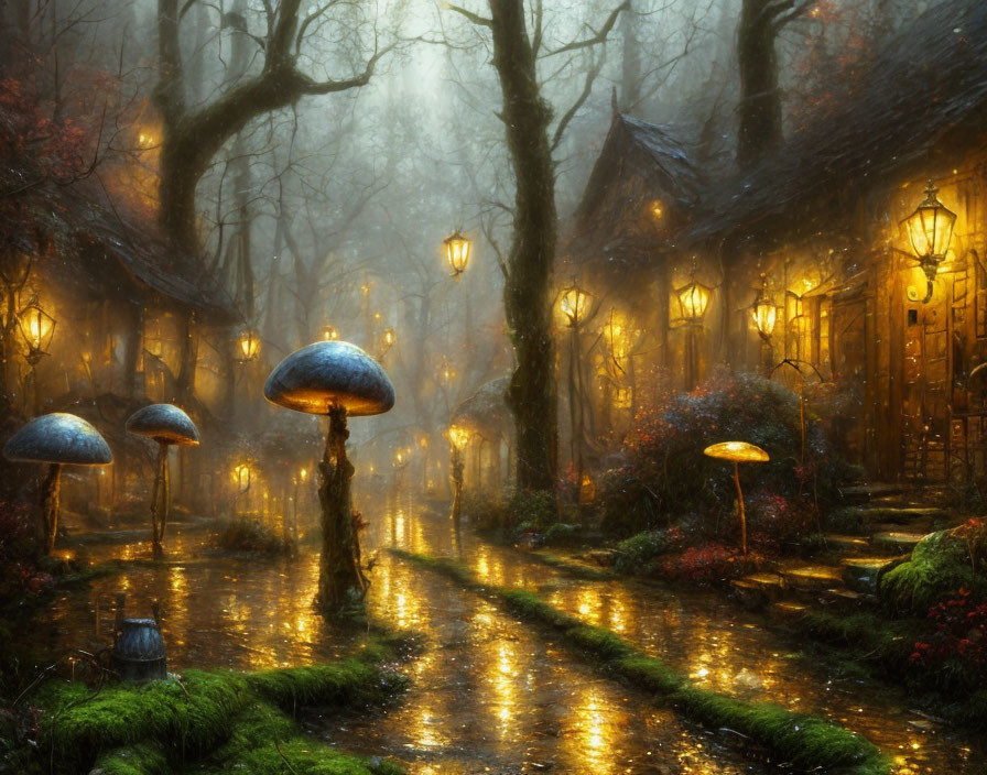 Enchanting forest path with glowing mushroom lamps and cobblestones in golden light